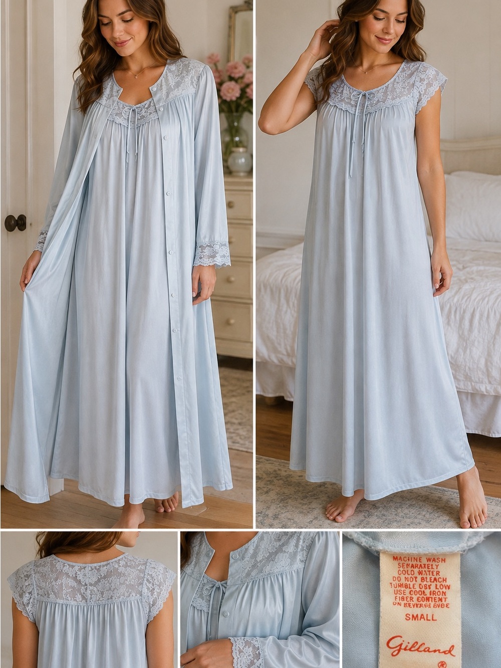 Vintage Gilland Blue Lace Peignoir Nightgown & Robe Set Size Small